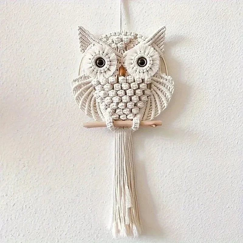 Macrame owl wall hanging on a white background
