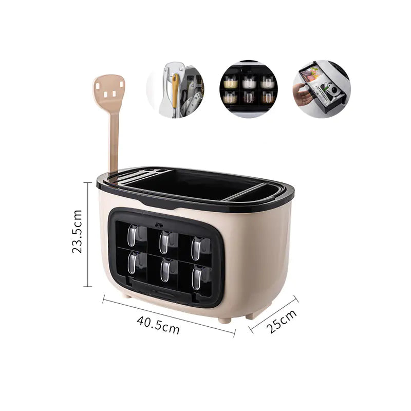 Kitchen appliance with dimensions displayed, including a wooden spoon and small icons of kitchen items.