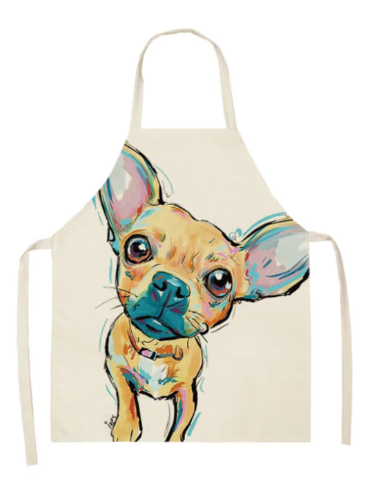 Apron with a colorful dog illustration on a white background